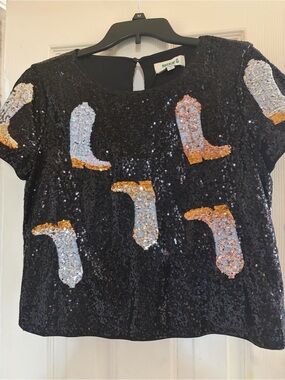 Black Sequin Short-Sleeve Tee with Cowboy Boot Appliqués